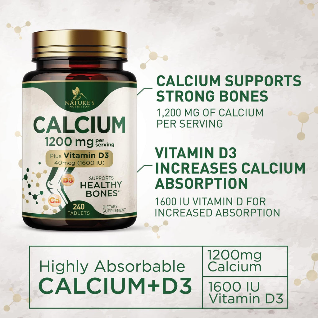 Calcium 1200 mg with Vitamin D3 - Bone Health Supplement, Vitamin D & Calcium Supplements for Women & Men - Bone Strength, Teeth & Immune Support, Nature's Calcium Pills, Bottled in USA - 240 Tablets