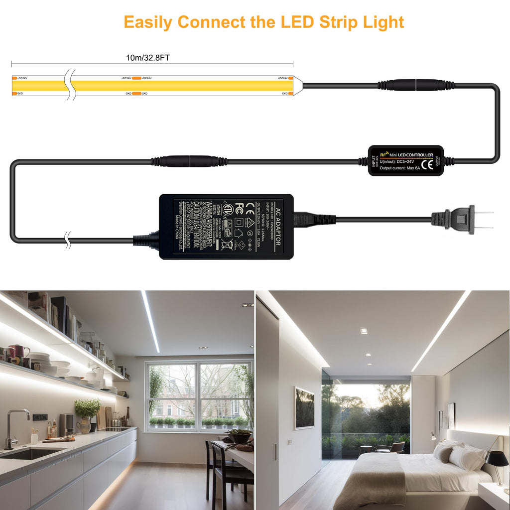 Pandery LED Strip Lights 32.8FT,Dimmable cob led Strip with Adapter and Remote,24V Strip Lights CRI90+ 8mm Wide 3840leds,Natural White 4000K Indoor led Tape,Perfect for Cabinet,Room,Kitchen,TV