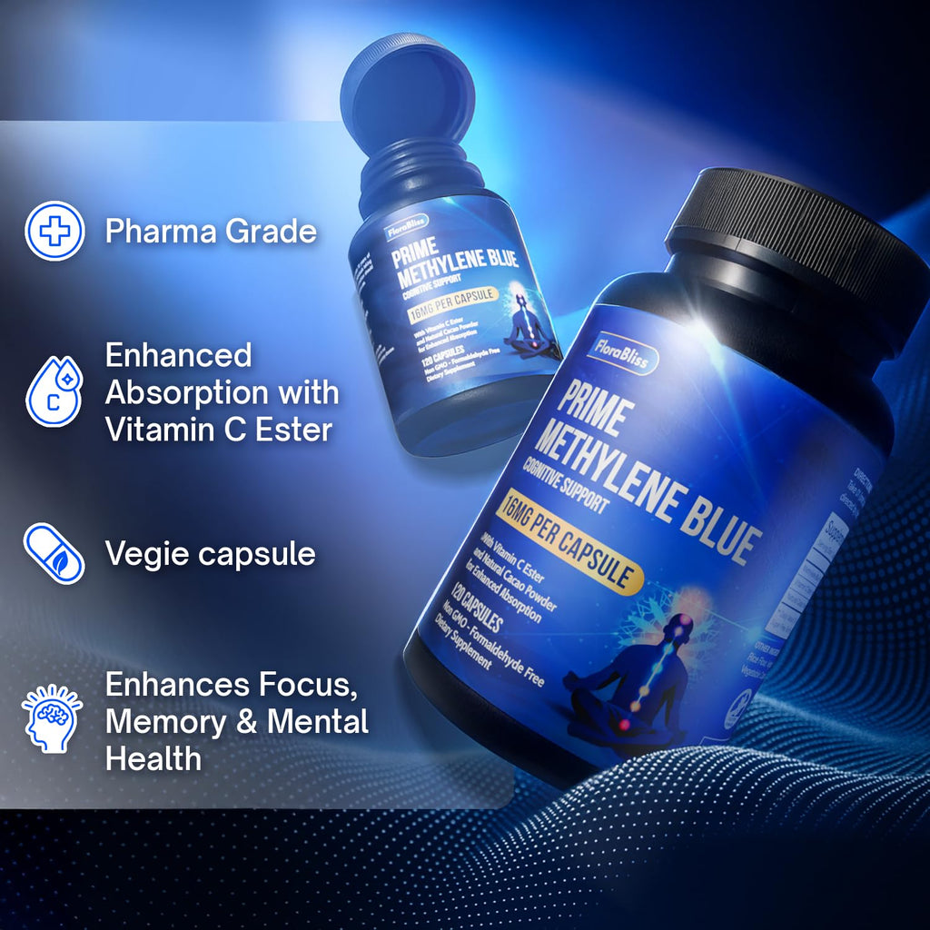 FloraBliss 120 Methylene Blue Capsules (16 mg), with Cacao, Vitamin C Ester