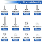 smseace 225Pcs Silver Nuts and Bolts Assortment Kit 12-Sizes M4/M5/M6 Nut Bolt Washer Assortment Kit for Machinery, Furniture, Automotive, Motorcycle Repairs