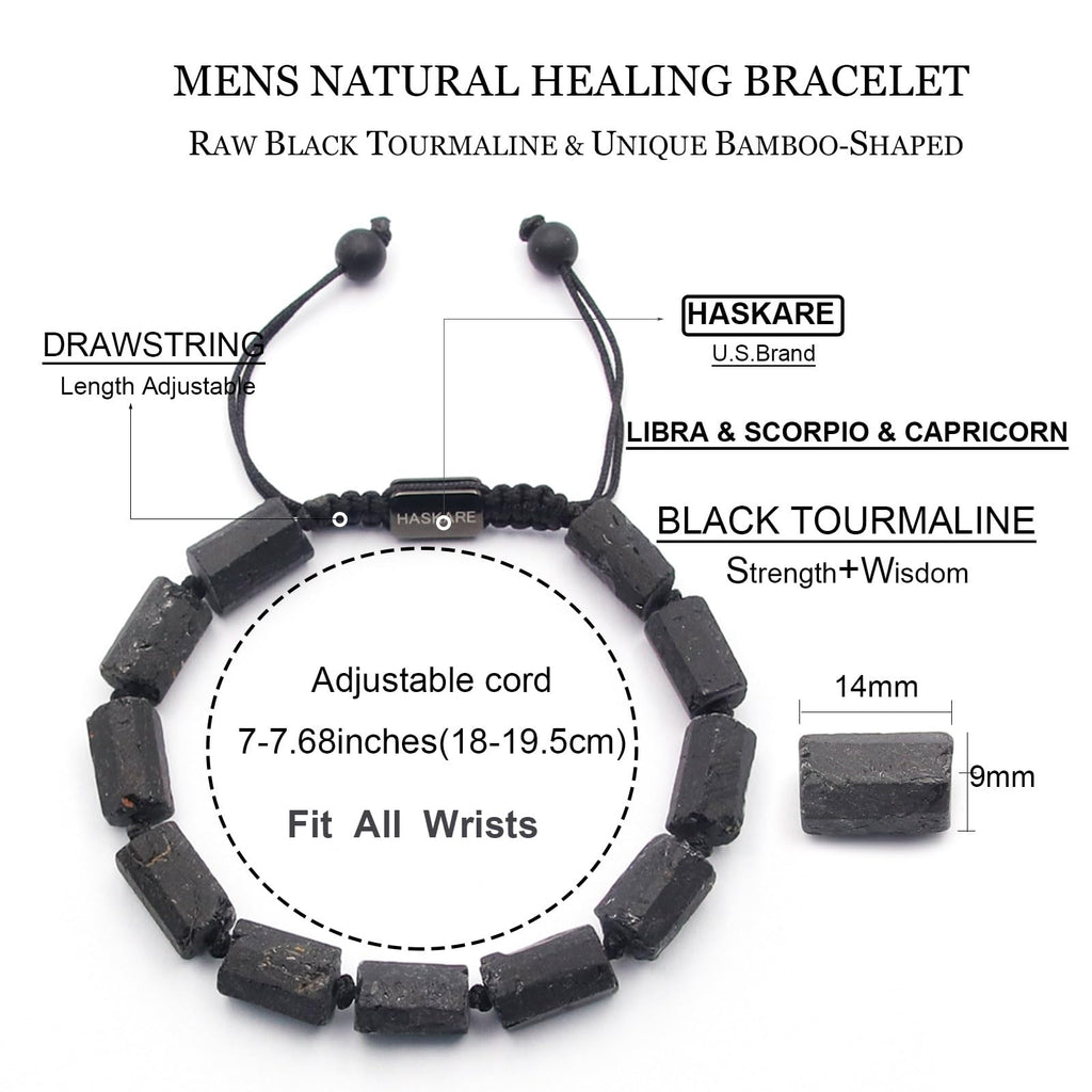 HASKARE Natural Stone Tourmaline Crystal Bracelets for Men, Protection Crystals Raw Black Tourmaline Beads Bracelet, Mens Energy Healing Bracelets for Anxiety, Handmade Bracelet Gifts for Men