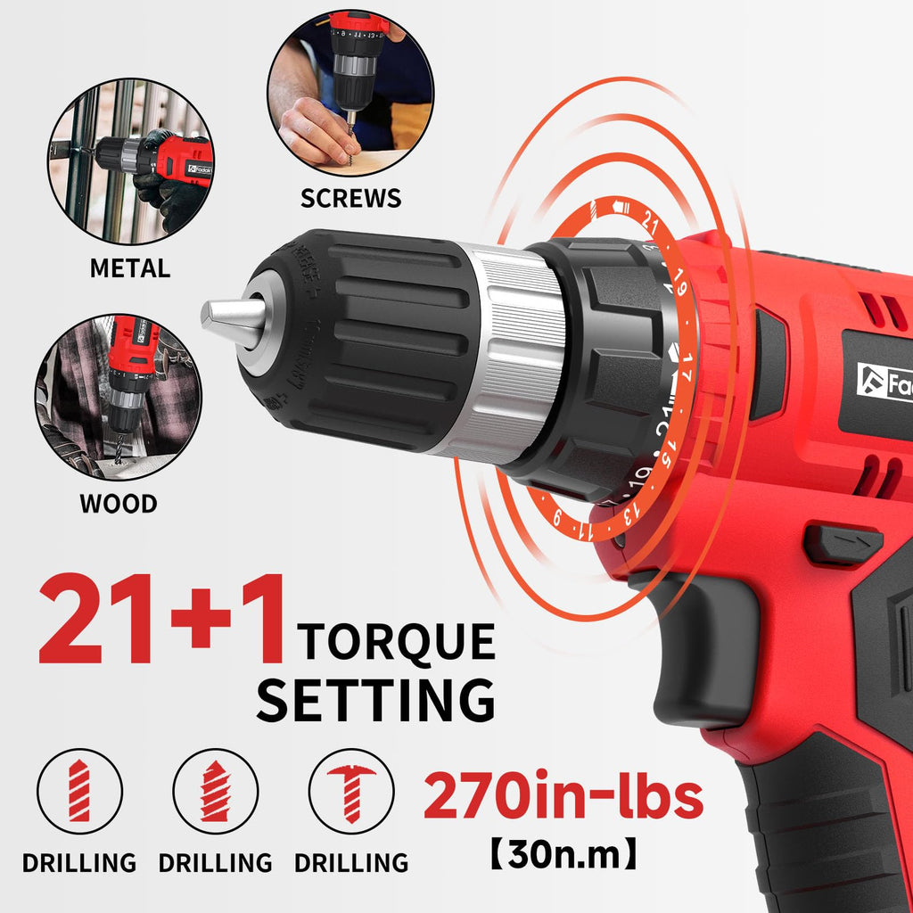 FADAKWALT Cordless Drill Set, 20V Electric Power Drill With Battery And Charger, 30N Torque, 21+1 Settings, 3/8-Inch Keyless Chuck, Driver Bits Kit, LED Light (Red）