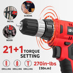 FADAKWALT Cordless Drill Set, 20V Electric Power Drill With Battery And Charger, 30N Torque, 21+1 Settings, 3/8-Inch Keyless Chuck, Driver Bits Kit, LED Light (Red）
