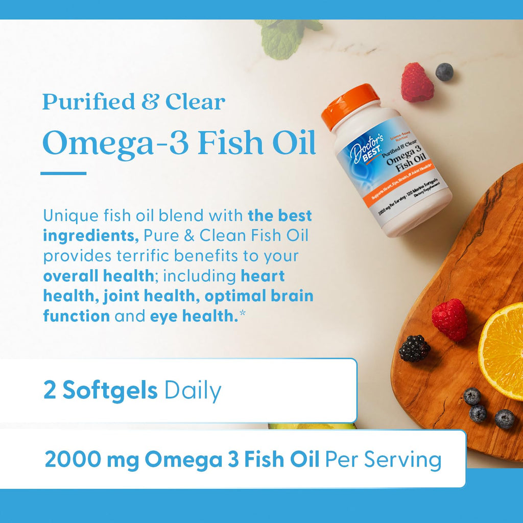 Doctor's Best Omega 3 Fish Oil Supplement for Women & Men - Source of DHA, EPA, & Omega-3 Fatty Acids, Purified, High 2000 mg Potency, Heart Health Support, Non-GMO, Gluten Free - 120 Marine Softgels