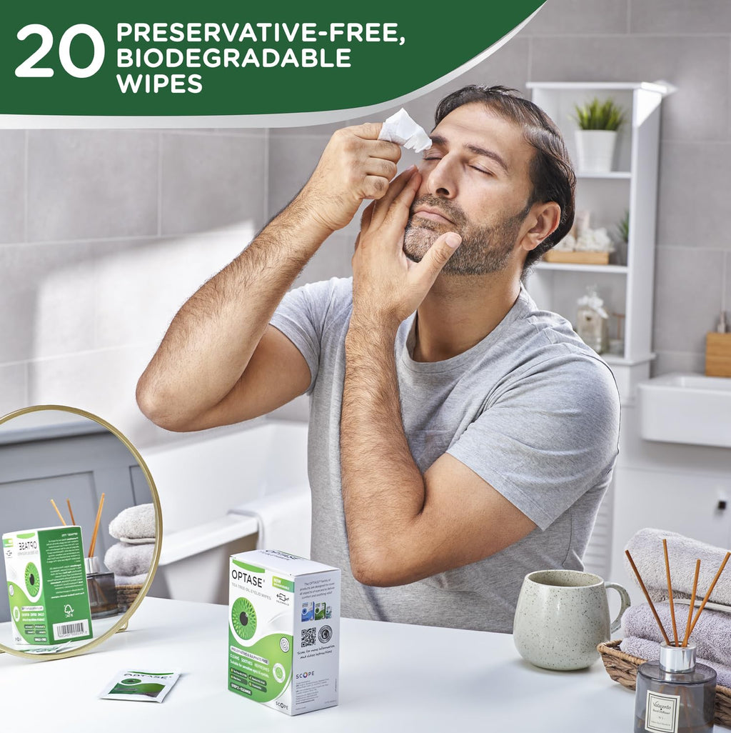 Optase Tea Tree Oil Eyelid Cleansing Wipes - Daily Hygiene & Relief from Blepharitis, Tired and Dry Eyes - 3x20 Pack