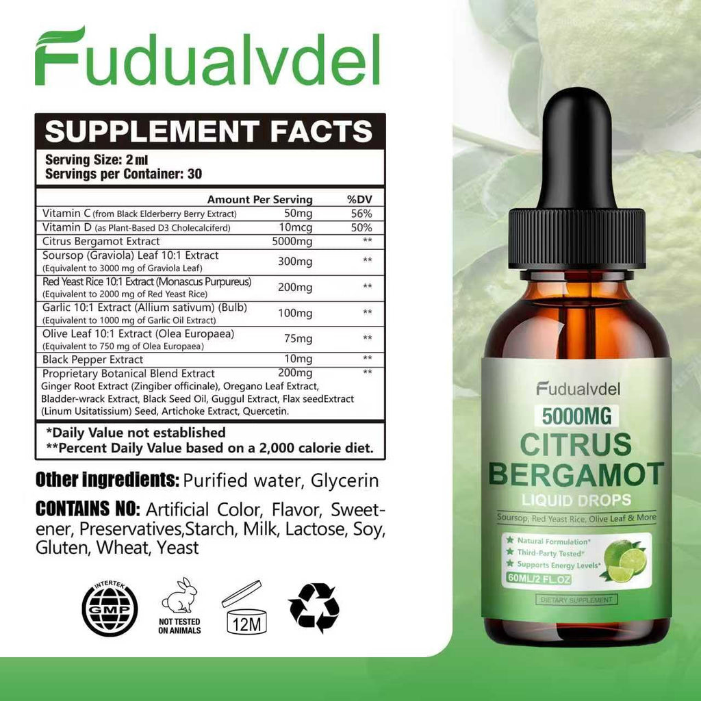 1 Pack 5000mg Citrus Bergamot Liquid Drops,Reduce Triglycerides Bergamot Supplement for High Cholesterol, Immune Support for Anti Aging,Antioxidant,Lime Bitter,Natural Olive Leaf Extract,2 Fl Oz