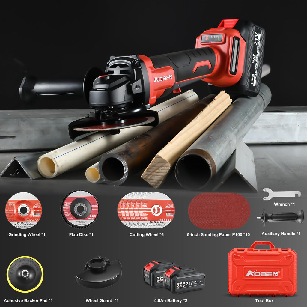 AOBEN 21V Cordless Angle Grinder Tool, 4-1/2 Inch Power Brushless Cut Off Grinder, Paddle Switch, with 2x4.0Ah Battery & Charger, Electric Handheld Grinder for Metal Cutting, Grinding, Polishing