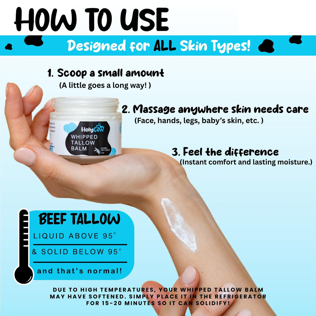 HolyCow Beef Tallow For Skin - Whipped Tallow Balm with Organic Jojoba Oil (Unscented/Herb-Infused), Grass Fed Beef Tallow Face Moisturizer for Eczema, Baby, Lip Balm - Lotion For Extremely Dry Skin