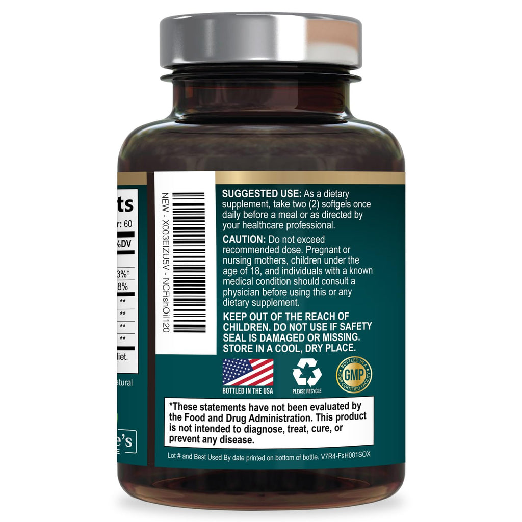 Omega 3 Fish Oil Supplements - 2400mg Fish Oil Per Serving - Triple Strength Omega-3 with Fatty Acids EPA & DHA - Natural Heart, Brain & Immune Support - Wild Caught, Bottled in USA - 120 Softgels