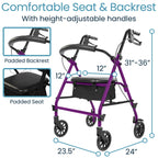 Vive Mobility Steel Rollator Walker with Seat - Foldable, Narrow, Rolling Senior Walker for Small Spaces - 4 Wheel Lightweight Adult Easy Drive with Underseat Storage, Adjustable Height (Purple)