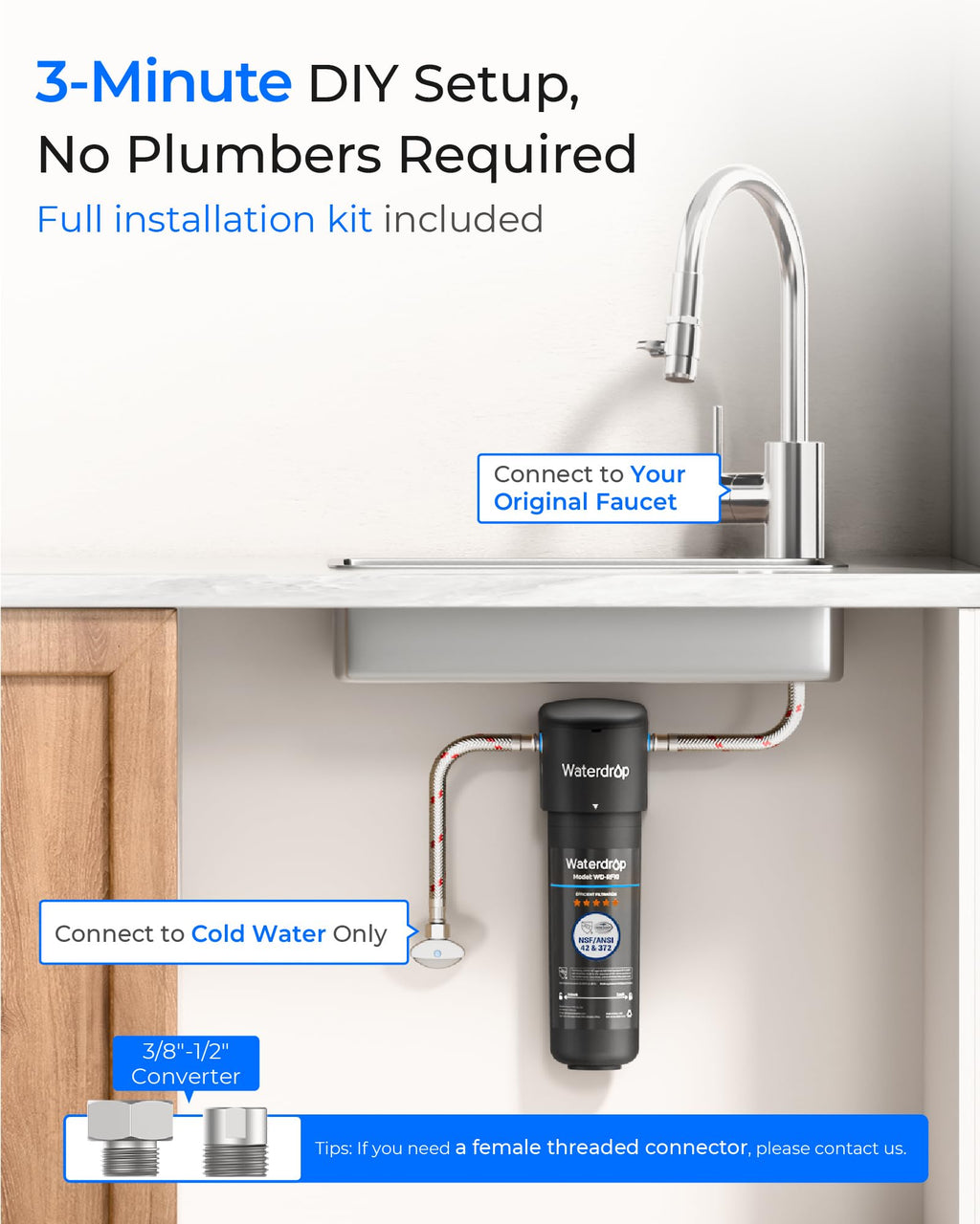Waterdrop 10UA Under Sink Water Filter System, Reduces PFAS, PFOA/PFOS, Lead, Chlorine, Bad Taste & Odor, Under Counter Water Filter Connects Directly to Your Faucet, NSF/ANSI 42 Certified, 1 Year
