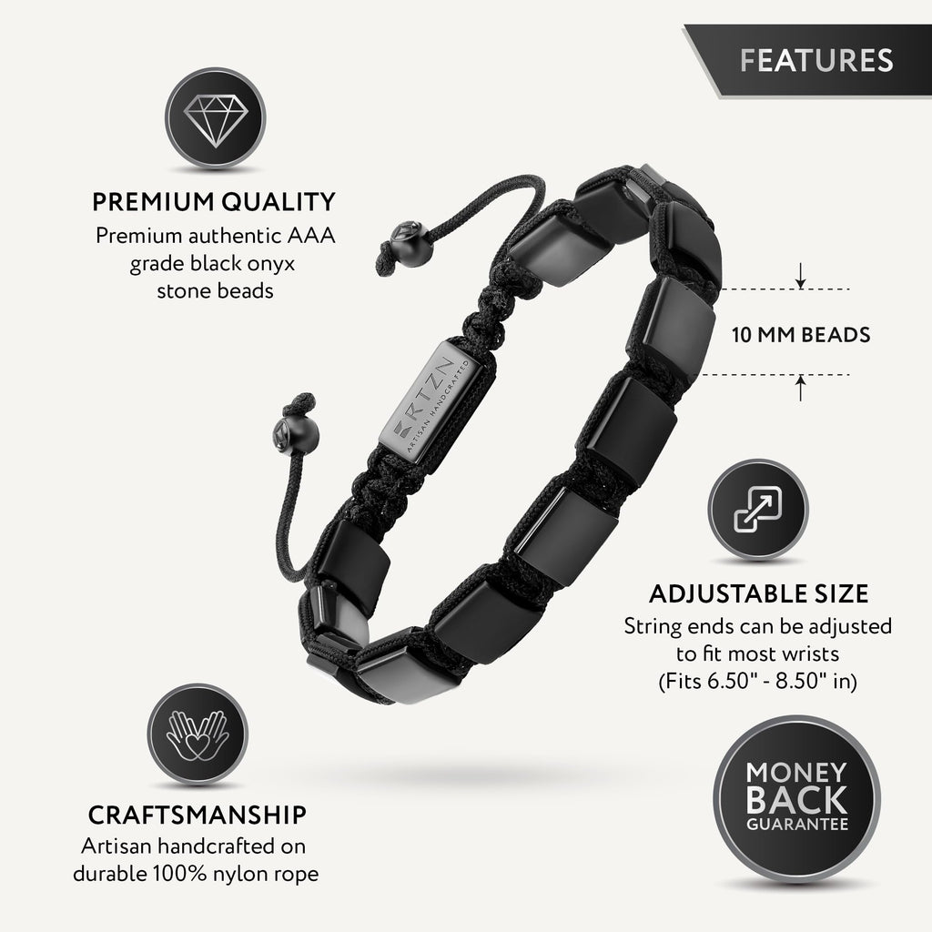 RTZN® Black Onyx Bracelet for Men – Premium Artisan Handcrafted Authentic Matte Black Beads – 9MM Adjustable Mens Beaded Bracelets (Havana)