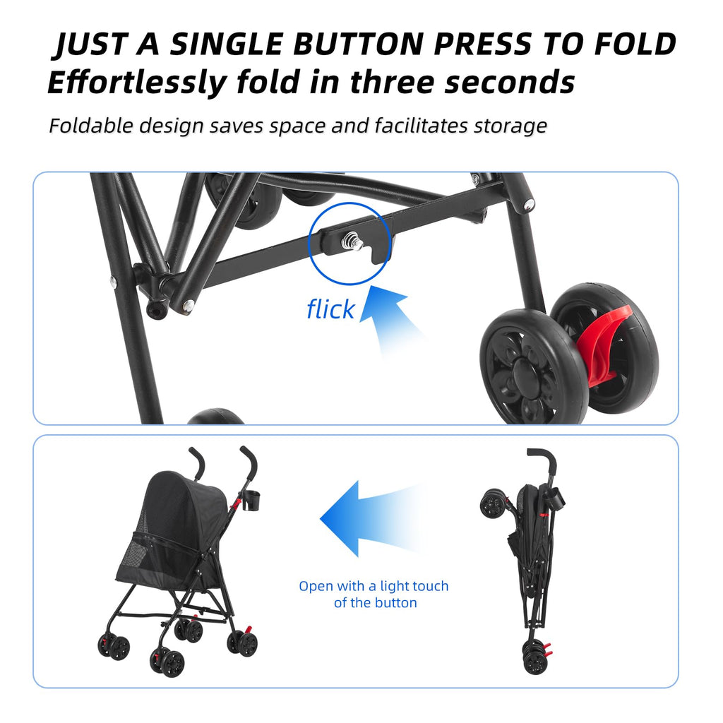 COOLCRAB Pet Stroller Oxford Cloth Foldable Dog Strollers for Small Dogs and Cats Suitable for All Road Surfaces Wide-View Panoramic Window 4 Wheels with Brakes Portable Design, Easy to Store (Pink)