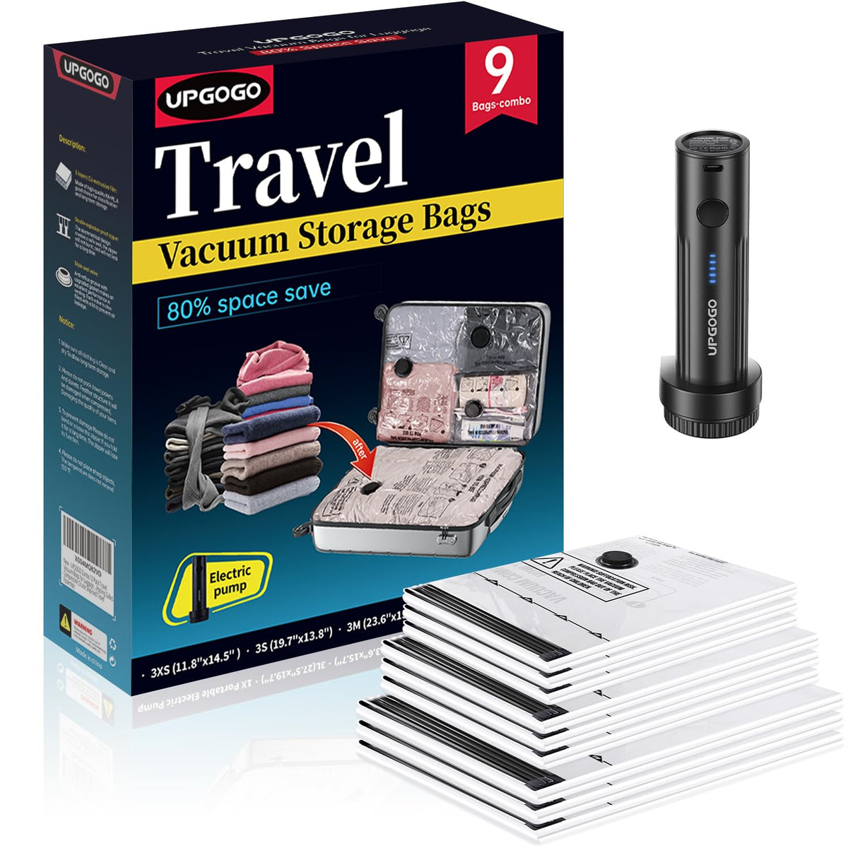 UPGOGO Travel Vacuum Bags for Luggage with Portable Electric Pump,Vacuum Seal Bags for Clothing,Packing Cubes Compression,Cruise Ship and Travel Essentials(Combo 9 Pack)