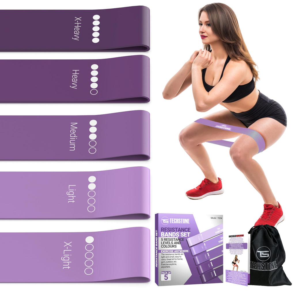 TechStone Resistance Bands Set for Men and Women, Pack of 5 Different Levels Elastic Band for Home Gym Long Exercise Workout ��� Great Fitness Equipment for Training, Yoga ��� Free Carrying Bag (Purple)