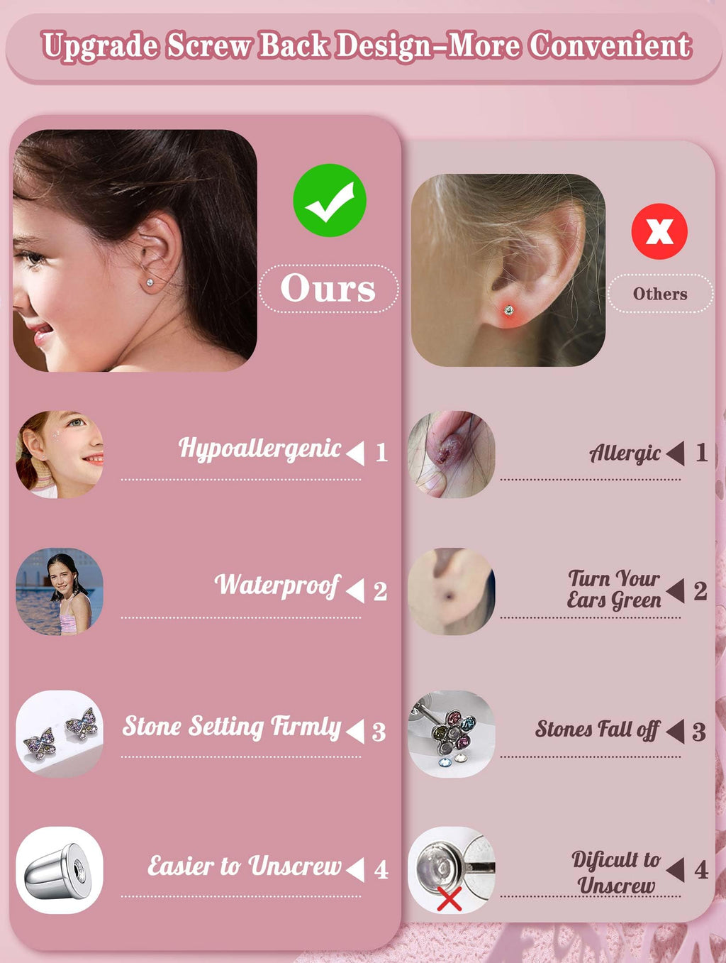 CASSIECA 8 Pairs Hypoallergenic Screw Back Earrings for Girls Kids