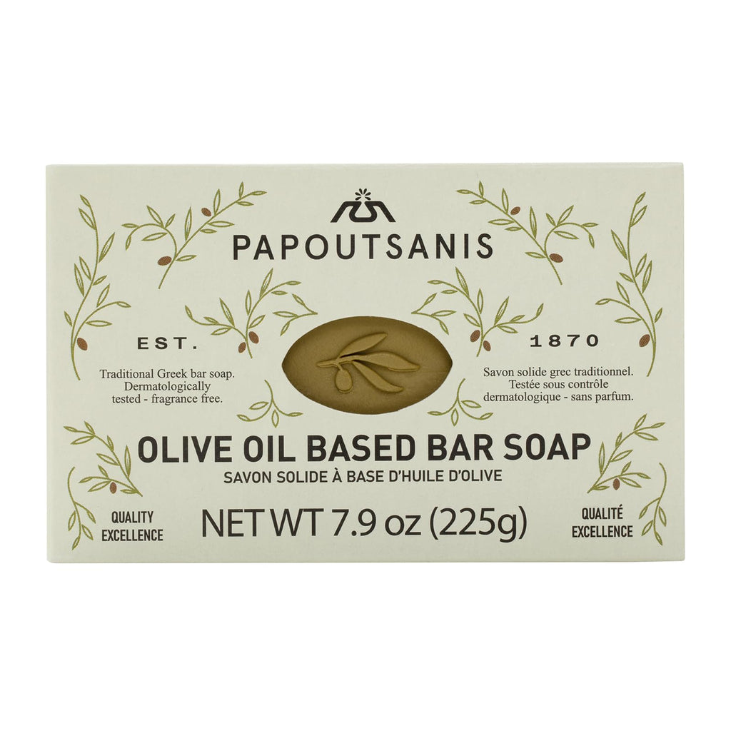 Papoutsanis Greek Olive Oil Based Soap Bar - Natural and Pure Plant-Based Castile Bar Soap - Unscented - Hypoallergenic - (New & Improved Formula infused with Coconut Oil) - 7.9oz Bars, Pack of 4