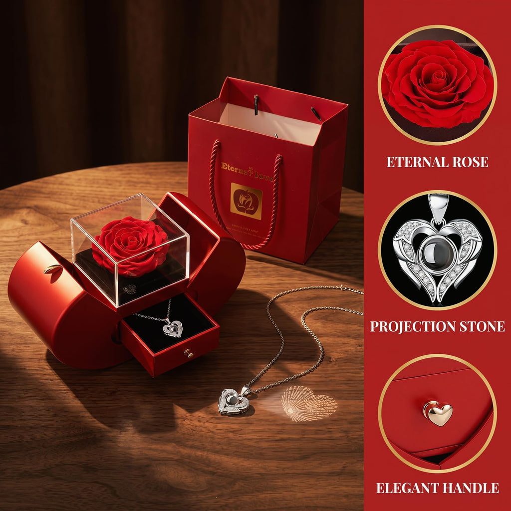 Preserved Real Rose with I love you Necklace 100 Languages, Gifts for Girlfriend, Women, Mom, Wife, Gifts Idea on Christmas, Valentine's Day, Mother's Day, Birthday, Anniversary, Thanksgiving