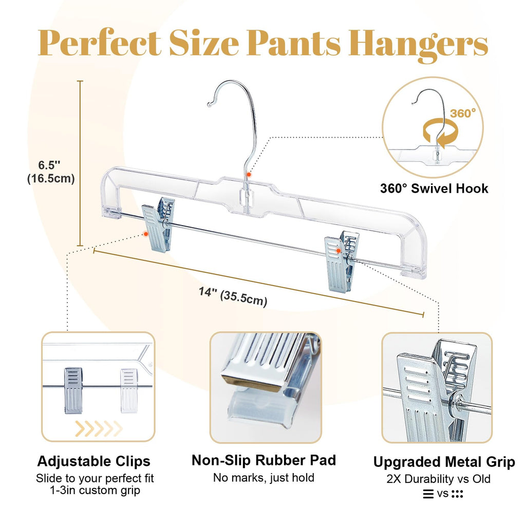 HOUSE DAY 14 Inch Clear Pants Hangers with Clips 12 Pack, Skirt Hangers