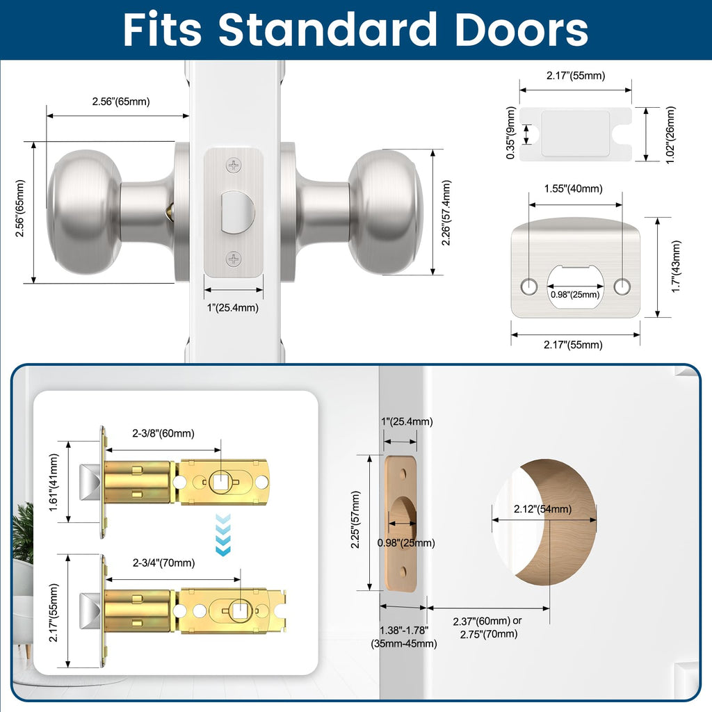 Vesmikit 5 Pack Brushed Nickel Door Knob, Round Interior Door Knobs for Hallway Closet, Non-Locking Passage Door Knobs, Keyless Door Handles for Left/Right Handle Doors