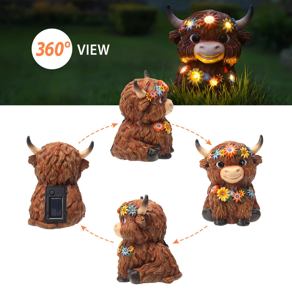 MAXTHOT Solar Garden Decor Outdoor Statues Highland Cow with Daisy and LED Lights Birthday Gifts for Women Mom Grandma Outside Decorations for Lawn, Porch, Yard, Patio, Balcony