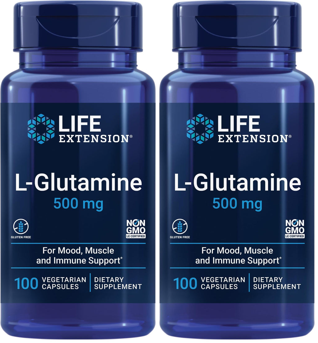 Life Extension L-Glutamine,500 mg L-glutamine,Amino Acid,Supports Muscle Health and Immune Health,Gluten-Free,Non-GMO,100 Vegetarian Capsules,(Pack of 2)