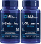Life Extension L-Glutamine,500 mg L-glutamine,Amino Acid,Supports Muscle Health and Immune Health,Gluten-Free,Non-GMO,100 Vegetarian Capsules,(Pack of 2)
