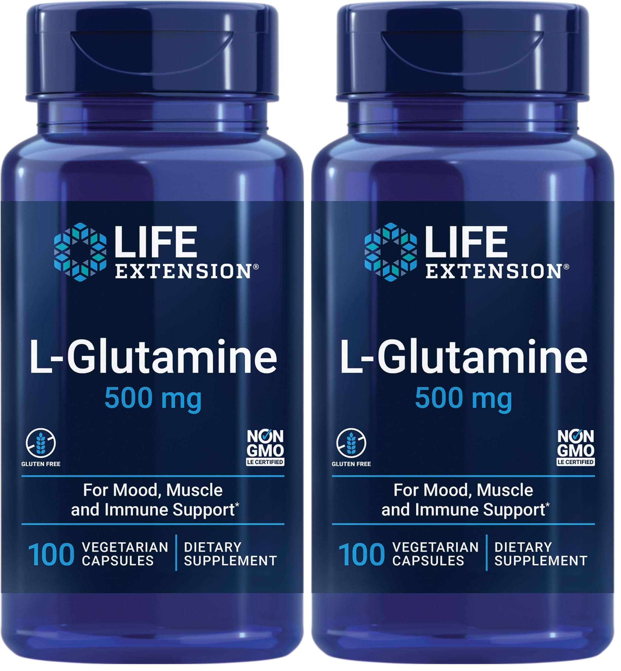 Life Extension L-Glutamine,500 mg L-glutamine,Amino Acid,Supports Muscle Health and Immune Health,Gluten-Free,Non-GMO,100 Vegetarian Capsules,(Pack of 2)