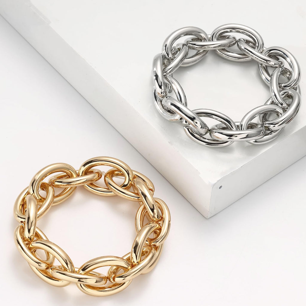 WZJLY Chunky Gold Bracelet for Women Non Tarnish, Trendy Stretch Cuban Link Chain Plated Gold Bangle Bracelets (O-Chain-Gold)