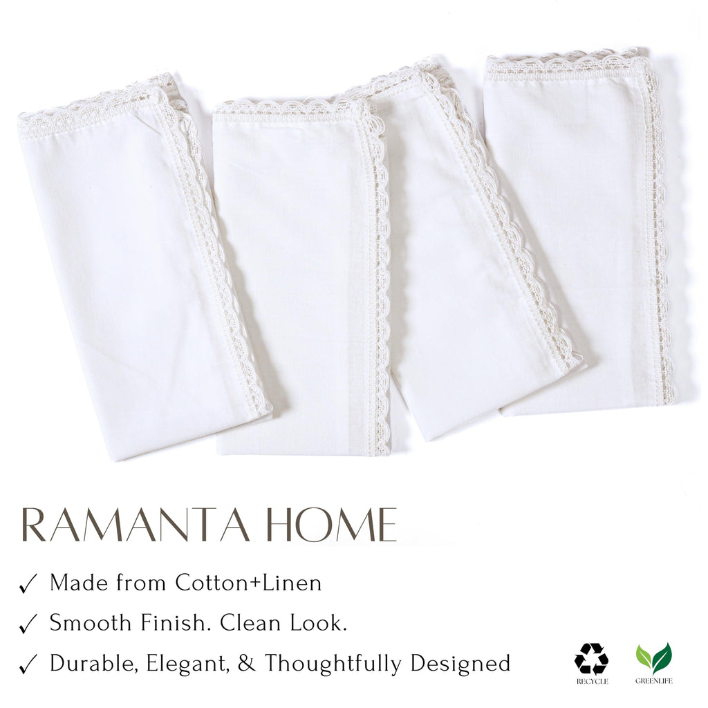 Ramanta Home White Coth Dinner Napkin Set of 12 Premium Cotton 20X20 Inch Oversized Linen Flax Lace Soft & Durable Washable Ideal for Everyday Use Parties Thanksgiving Christmas Halloween