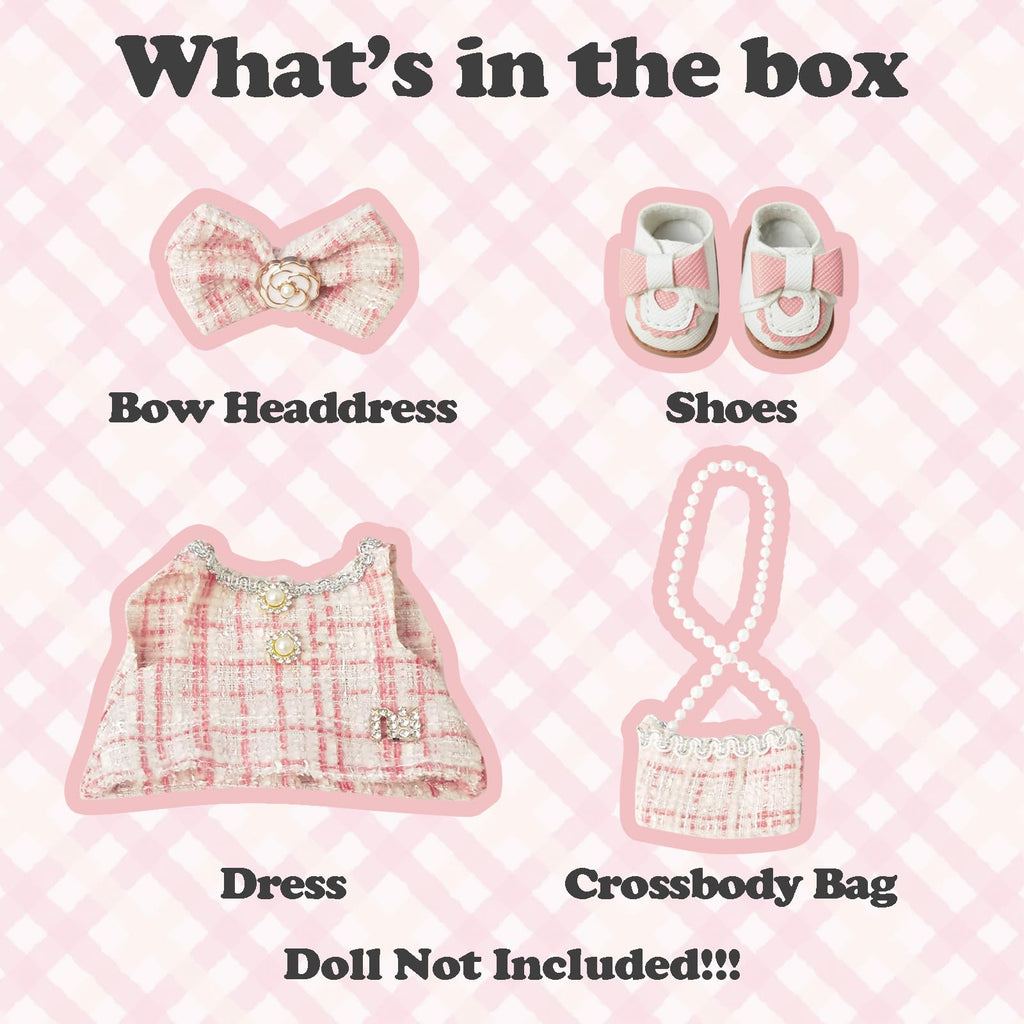 Clothes Compatible with LABUBU Doll – 4PCS Pink Tweed Charm Set, 17cm Doll Clothes Designer Outfit for Romantic Pastel Theme, Chic Stylish Accessories for Labubu, No Doll (Peachy Tweed Daydream)