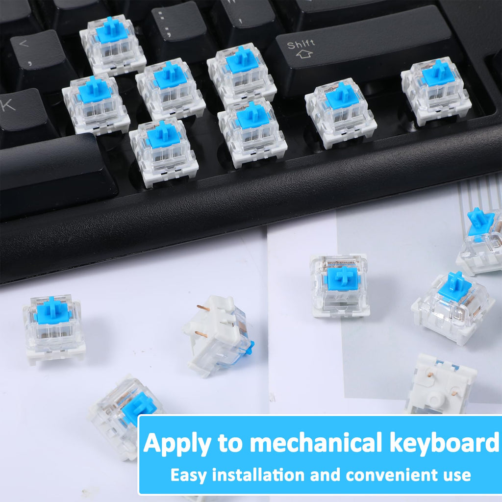 72 Pieces Blue Mechanical Keyboard Switches, 3 Pin Pre-Lubricated Clicky Key Switches, Dustproof and Waterproof Keyboard Accessories for Mechanical Gaming Keyboard