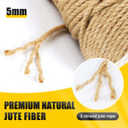 Radix Rope Natural Jute Twine, 5MM x 328FT Jute Rope Roll, Heavy Duty Thick Twine for Cat Scratching Post, Bundling, Gardening and DIY Crafts