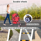 4 Wheels Pet Stroller Cat Dog Cage Stroller Travel Folding Carrier with Cup Holders and Removable Liner for Small-Medium Dog, Cat (Red)