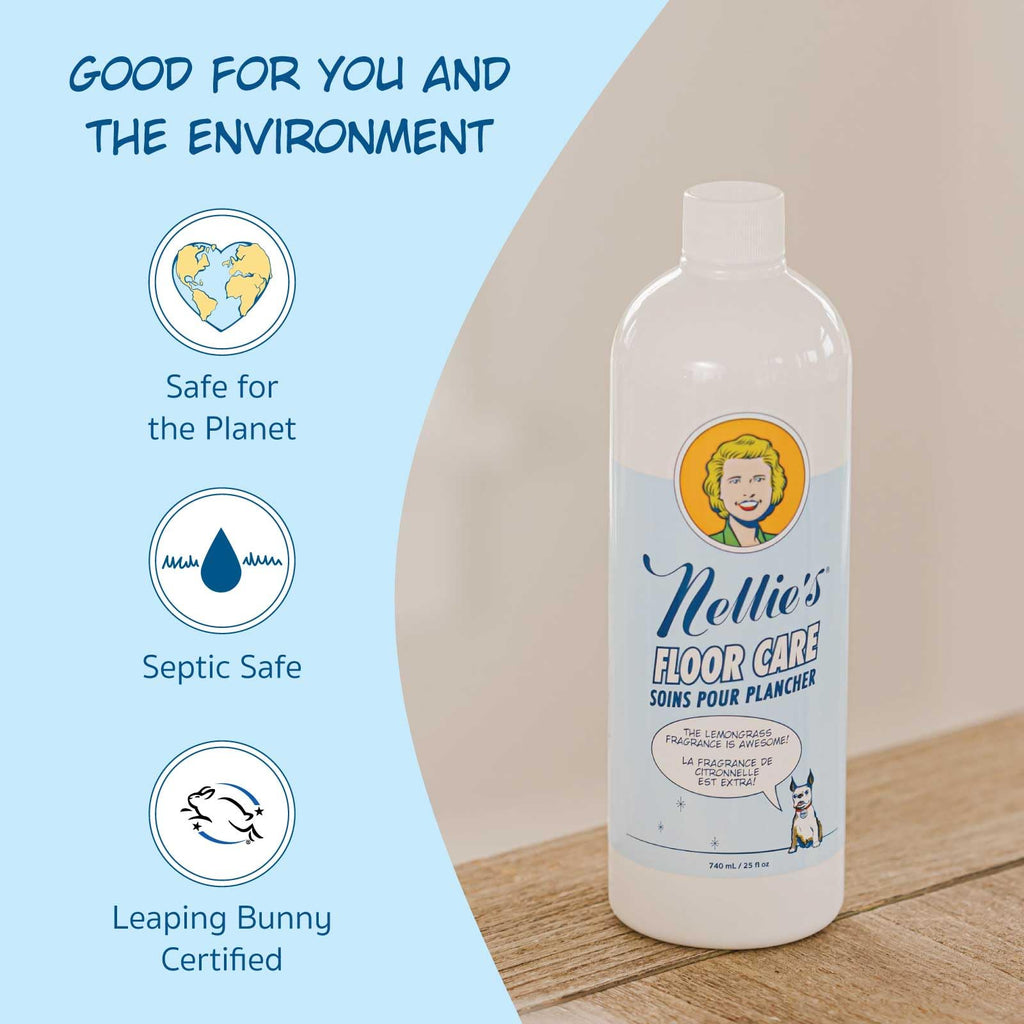 Nellie's Floor Care – Plant-Based Floor Cleaner for Hardwood, Tile, Ceramic, and More – Effectively Lifts Dirt and Odors – Fresh Lemongrass Scent (25 fl oz) - Made in Canada