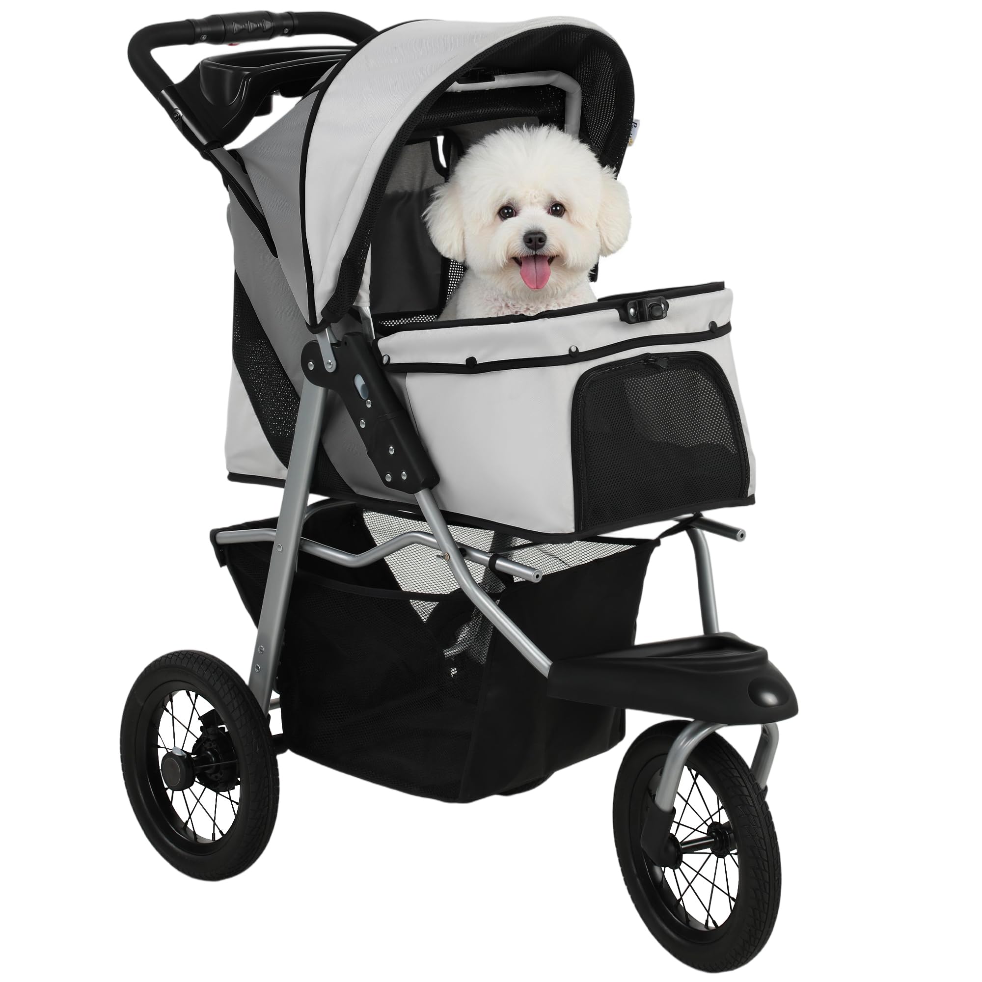 PawHut Dog Stroller for Small Dogs, 3 Wheel Foldable Pet Stroller with 12" Rubber Wheels, Mesh Window, One-Foot Brake, Storage Basket and Cup Holder, Up to 22 LBS, Light Gray