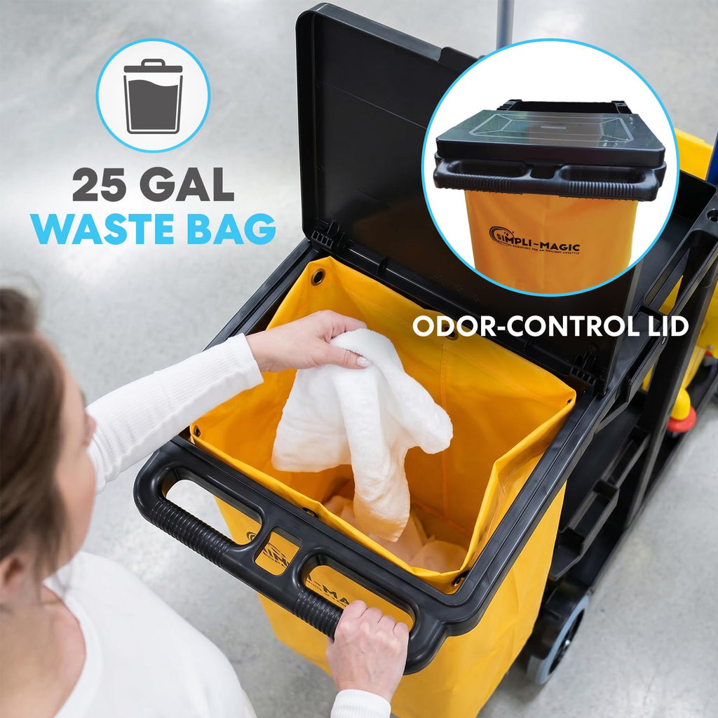 Simpli-Magic Janitorial Cart, 330 lbs Capacity – 3-Shelf Commercial Housekeeping Cleaning Cart on Wheels, 25 Gallon Bag with Lid – Stable, Smooth Movement