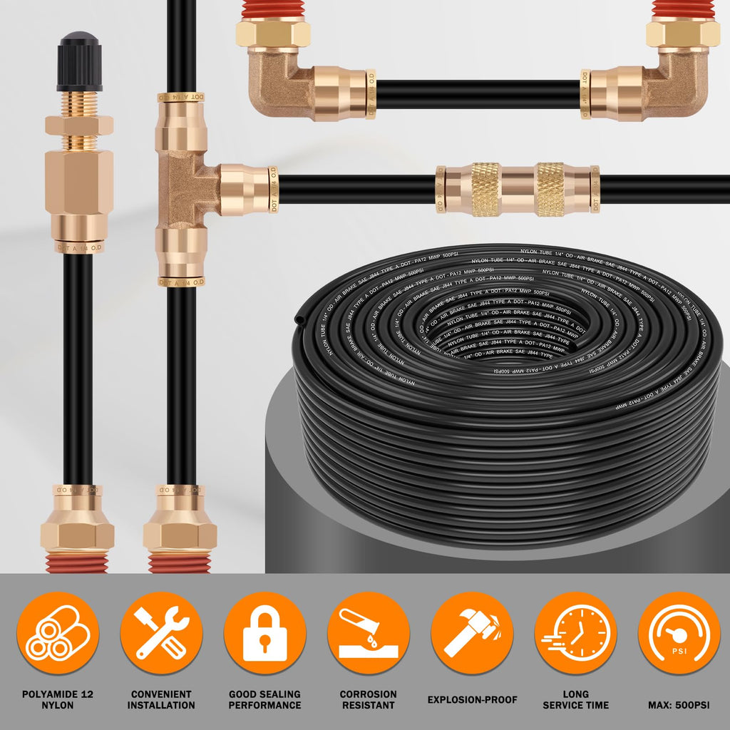 CheeMuii 300 FT 1/4" DOT Air Line 1/4 PA12 Nylon Pneumatic Tubing 91 Meter 1/4 Inch OD Pneumatic Air Tubing Pipe Hose Line for Semi Truck Trailer or Industrial Air System