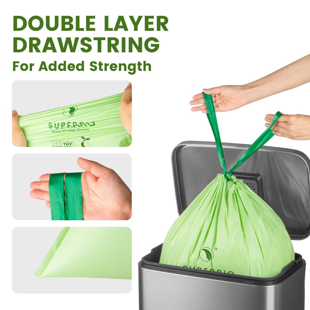SUPERBIO 4 Gallon Compostable Drawstring Food Scrap Bags,15.1 Liter, 40 Count, 0.9 Mil,Heavy Duty Waste Bags, BPI, Seedling and OK compost INDUSTRIAL