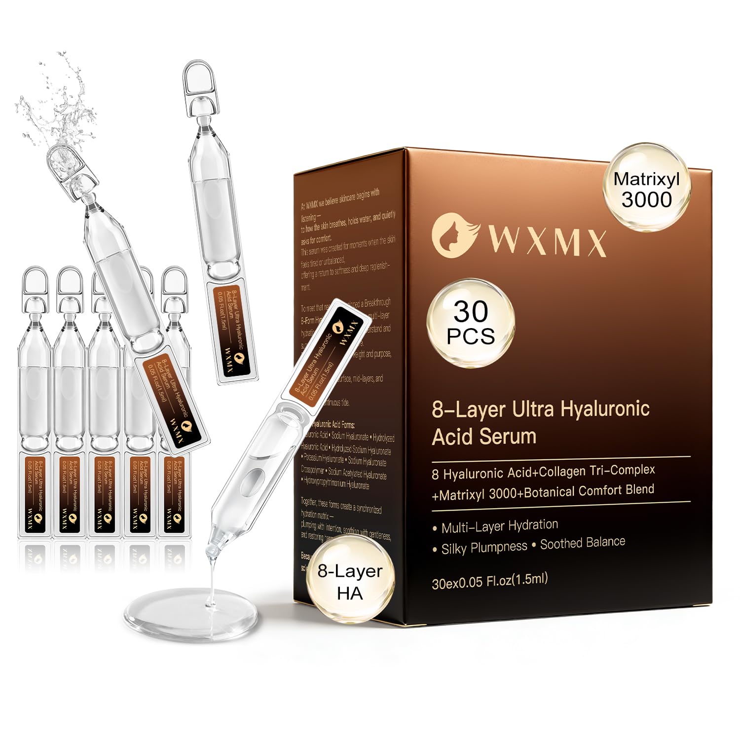 WXMX Ultra Hyaluronic Acid Serum With 8 HA Forms + Matrixyl 3000, Collagen Tri - Complex & Peptide, Multi - Layer Hydration Anti-Aging Serum, Hyaluronic Acid Serum for Face (0.05 Fl Oz (Pack of 30))
