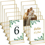 UNIQOOO Acrylic Sign Holders with Golden Border, Portrait View, Pack of 12 | 4x6 Inches Double Sided Clear Frame, Perfect for Wedding reception, Centerpiece, Decoration, Party,Anniversary, Event