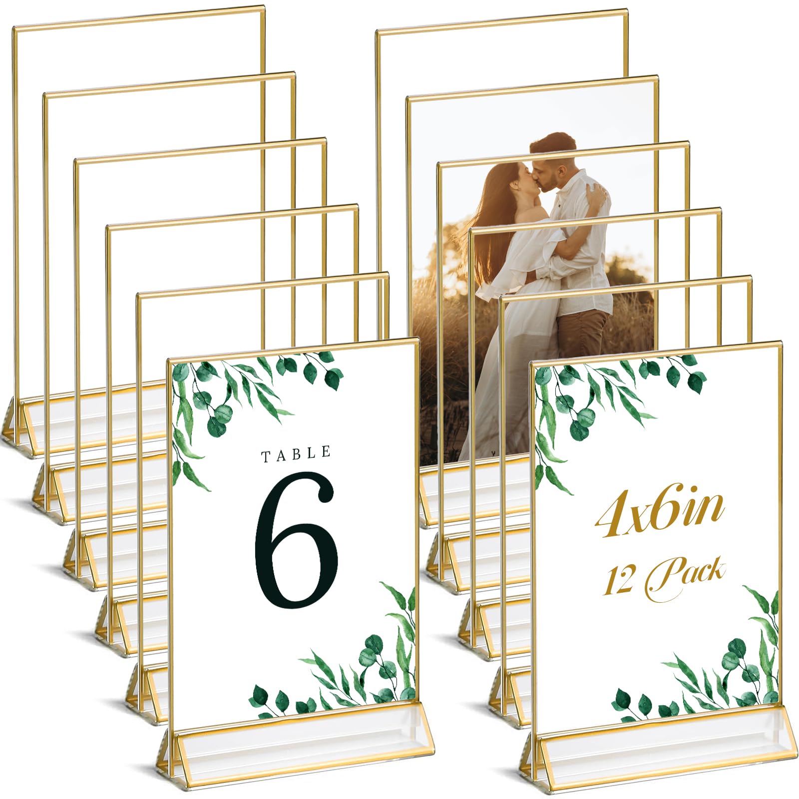 UNIQOOO Acrylic Sign Holders with Golden Border, Portrait View, Pack of 12 | 4x6 Inches Double Sided Clear Frame, Perfect for Wedding reception, Centerpiece, Decoration, Party,Anniversary, Event