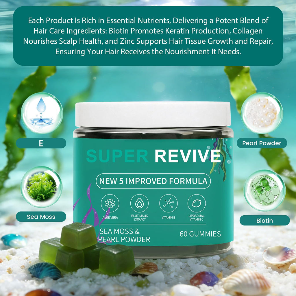 caicieter Super Revive Gummies for Hair Loss - Sea Moss Gummies with Vitamin C, E, Aloe Vera & Pearl Powder Glow, Promotes Thicker, Fuller & Stronger Hair - 60 Count