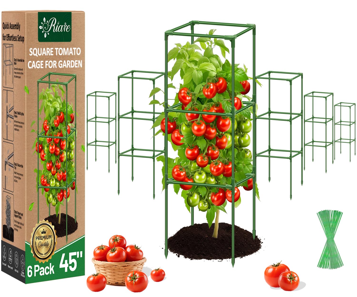 Riare 6 Pack 45in Square Tomato Cages for Garden, Heavy Duty Tomato Trellis