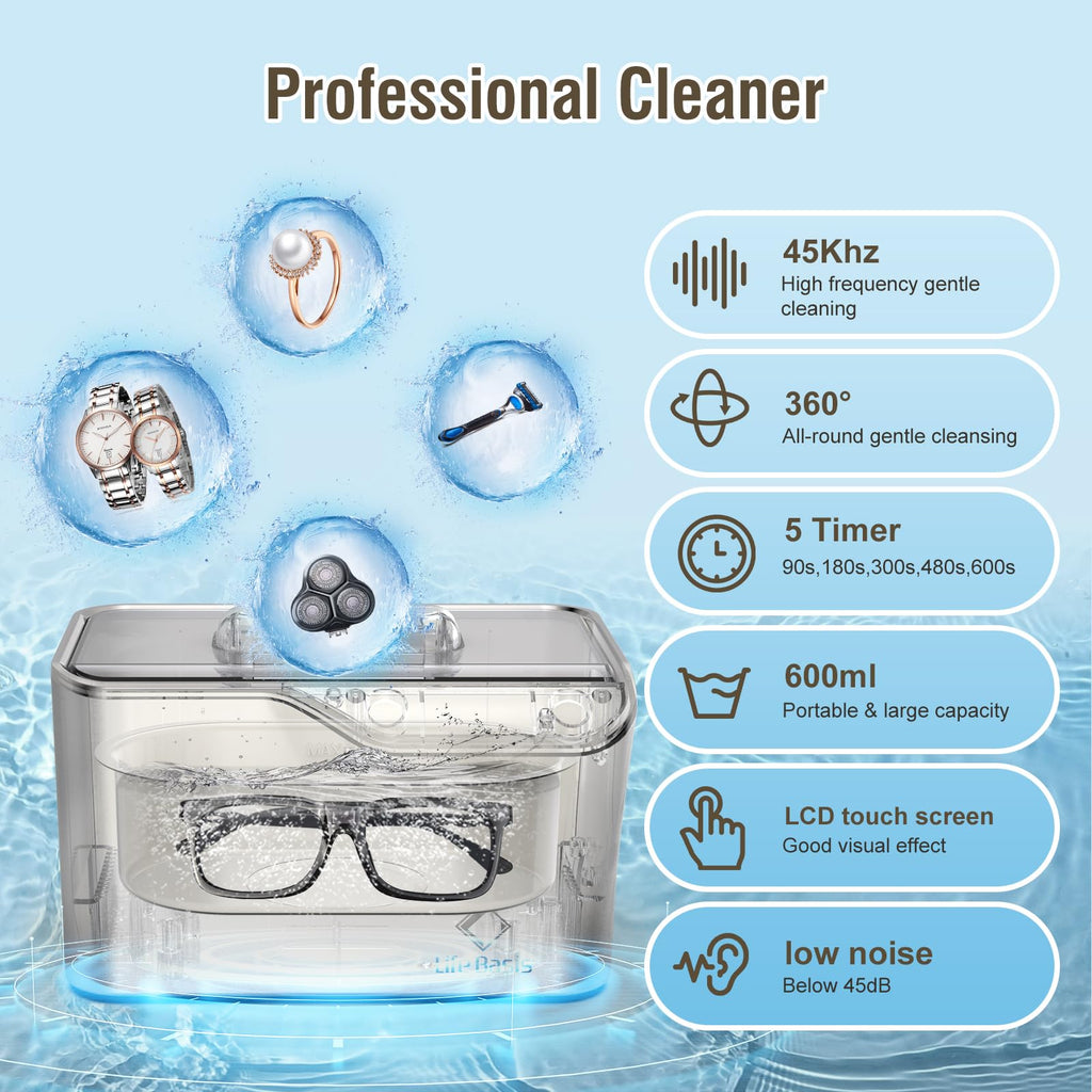 LifeBasis Ultrasonic Cleaner, Professional 45kHz Ultrasonic Jewelry Cleaner 20 Ounces (600ML) with Digital Timer, Watch Holder Ultrasonic Glasses Cleaner for Rings, Coins, Watches, Dentures, Silver
