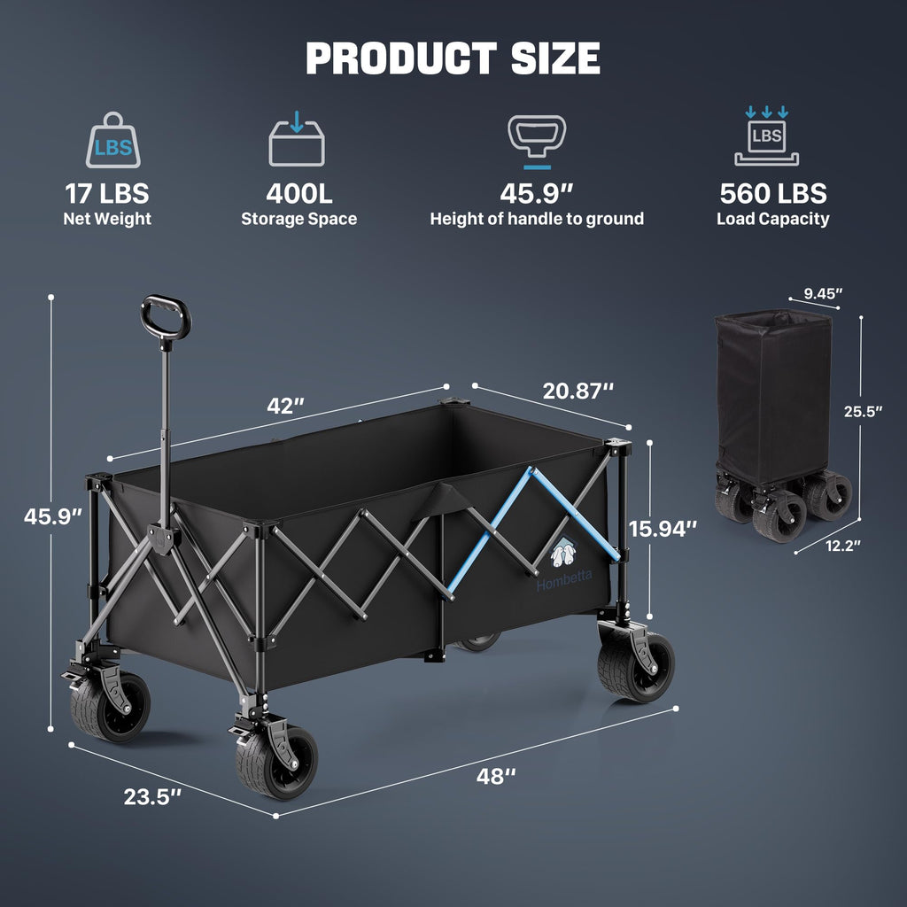 48" XL Collapsible Wagon Cart, 560 lbs Capacity Heavy Duty Folding Wagon with 7" All-Terrain Wheels, Foldable Utility Wagon for Camping, Garden, Shopping, Sports & Moving