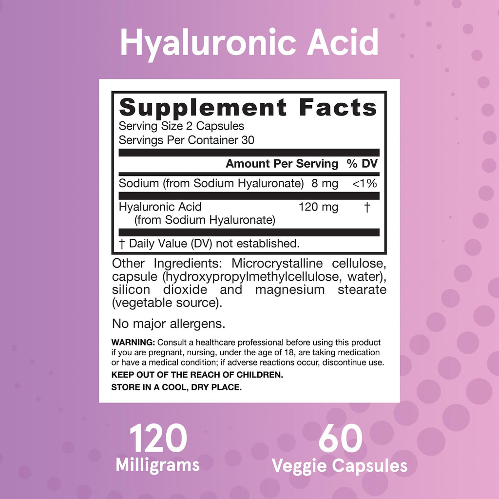 Jarrow Formulas Hyaluronic Acid 120 mg, Dietary Supplement, Skin Health Support, 60 Veggie Capsules, Up to 30 Day Supply