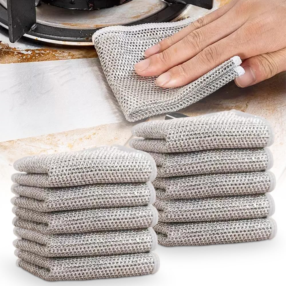 GLOCALL Multipurpose Wire Dishwashing Rags for Wet and Dry, 2024 New Non-Scratch Wire Dishcloth Scrubbing Wire Dishwashing Rag, Reusable Metal Wire Dishwashing Cloth for Home Kitchen Cooktop (10)