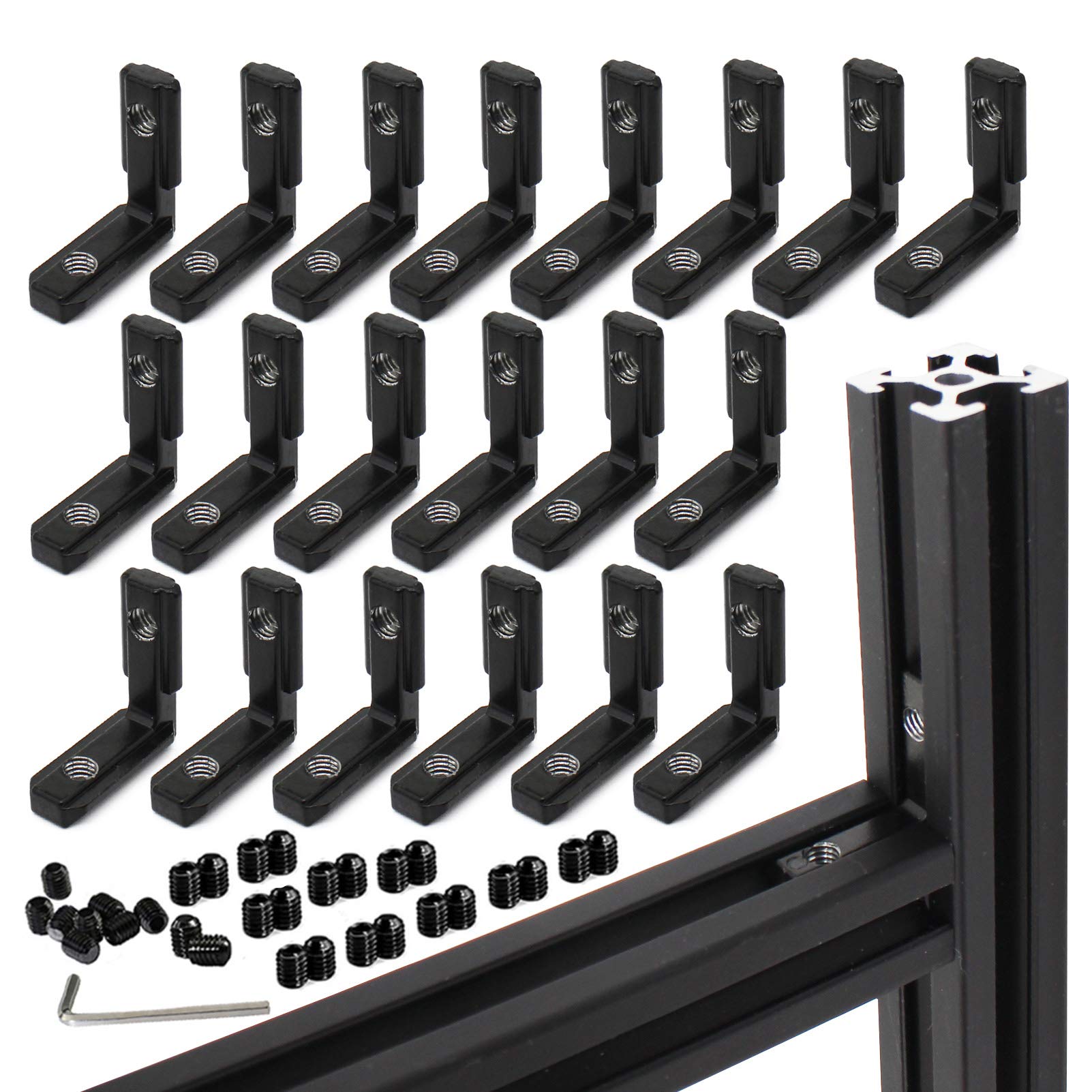 BLCCLOY 20Pcs 2020 Aluminum Extrusion Black Corner Bracket T Slot Inside L Shape Joint Angle Hardware Connector with Screws for 20 Series 20/20 2040 V Slot Extruded Aluminum Profile