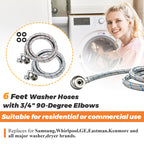 6FT Washer Stainless Steel Hoses with 90 Degree Elbows by Beaquicy - Burst Proof 3/4" FHT Standard Thread - 2 Pack Red and Blue Braided Hoses for Hot and Cold Water Supply - 10 Year Warranty